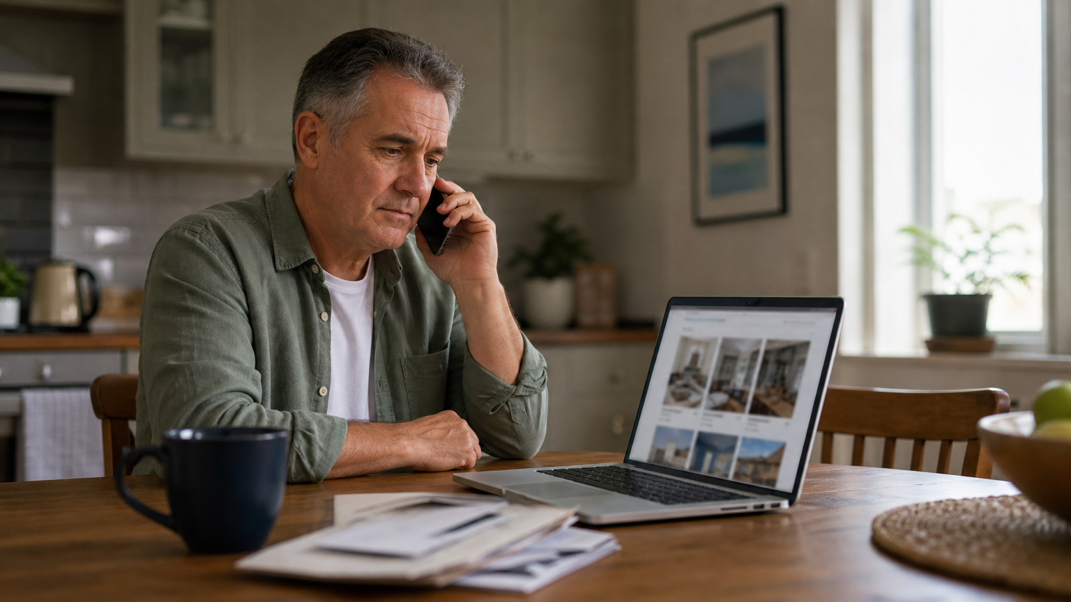 Timeshare owner speaking by phone at home while looking at a laptop with a generic resale listing page