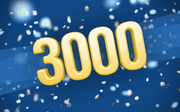 Large gold “3000” numbers on a blue background with falling confetti and light bokeh effect