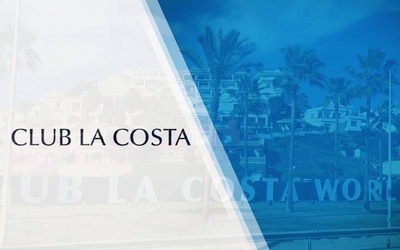 Club La Costa text over a blue-tinted resort scene with palm trees and buildings in the background