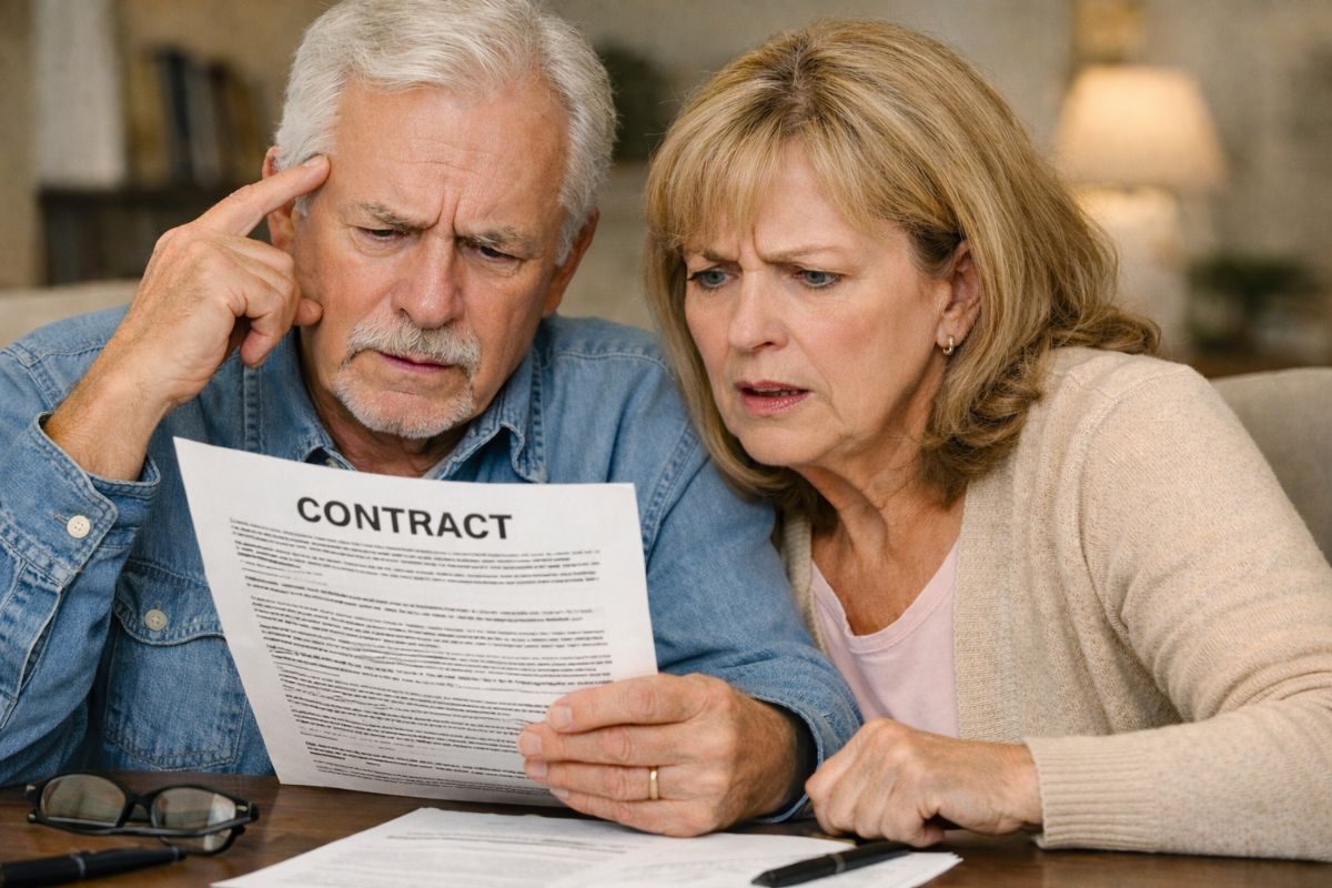 Worried older couple reading a contract document at a table at home