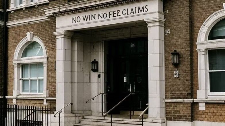 Entrance of a brick office building with a sign reading “NO WIN NO FEE CLAIMS” above the doorway