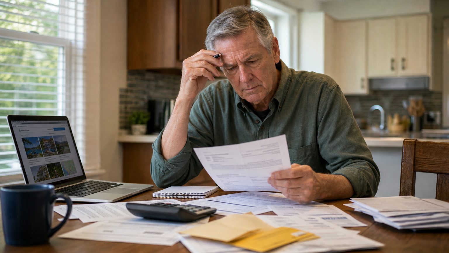 Worried man reviewing bills and paperwork at a kitchen table with a laptop open, suggesting timeshare resale problems and maintenance fees still due