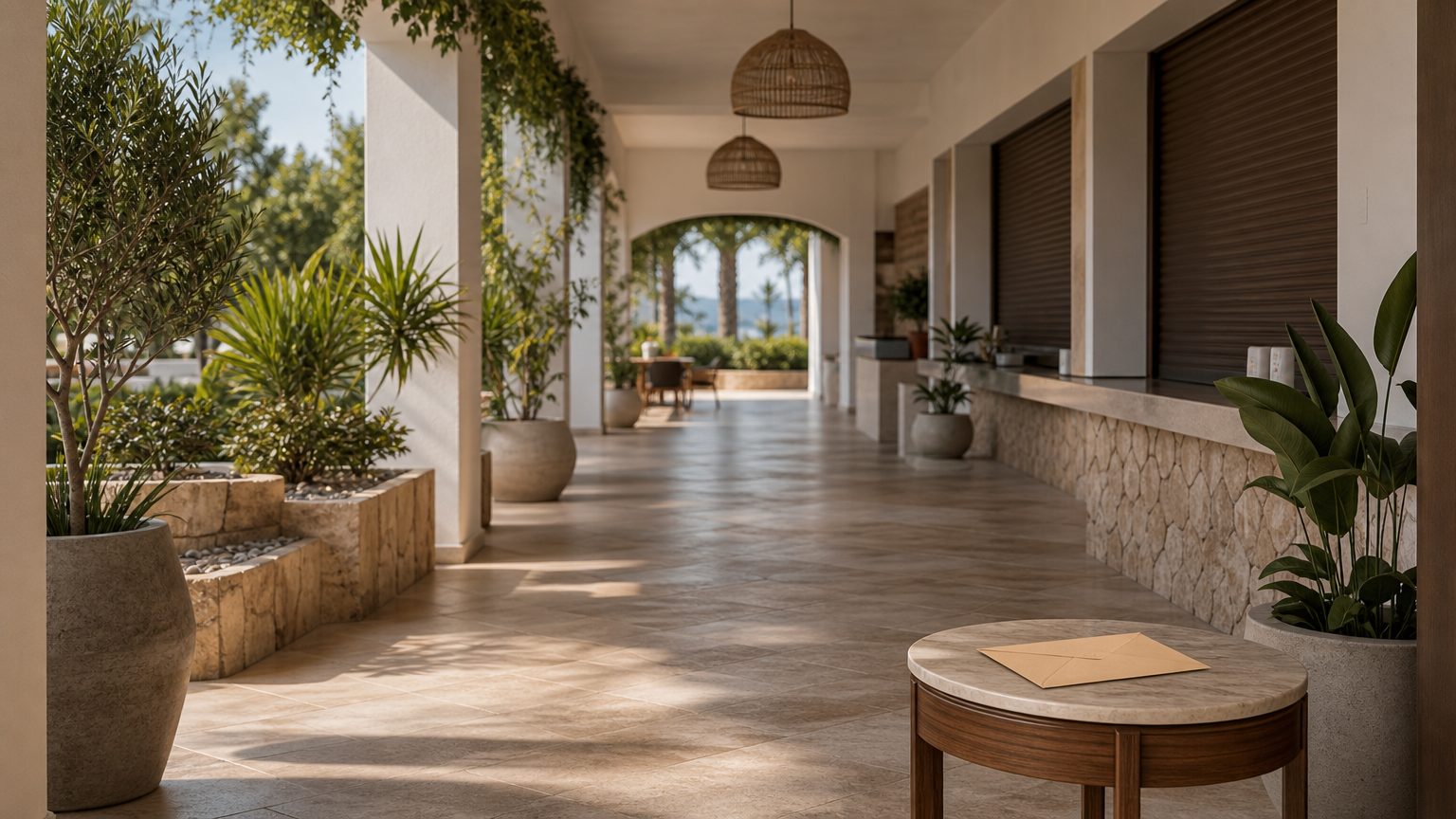 Unbranded Mediterranean-style timeshare resort walkway with a closed reception desk and maintenance-fee envelope in the foreground