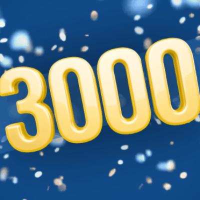 Large gold “3000” numbers on a blue background with falling confetti and light bokeh effect