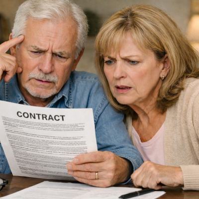 Worried older couple reading a contract document at a table at home