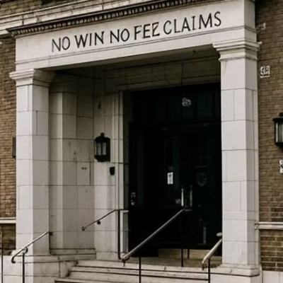 Entrance of a brick office building with a sign reading “NO WIN NO FEE CLAIMS” above the doorway
