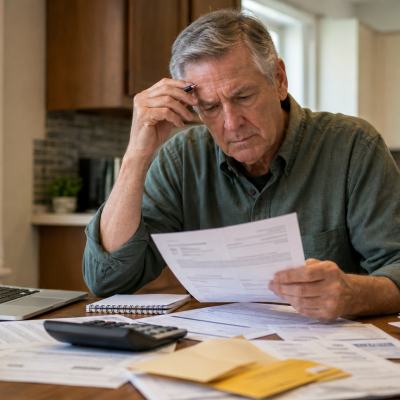 Worried man reviewing bills and paperwork at a kitchen table with a laptop open, suggesting timeshare resale problems and maintenance fees still due