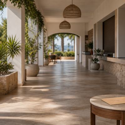Unbranded Mediterranean-style timeshare resort walkway with a closed reception desk and maintenance-fee envelope in the foreground
