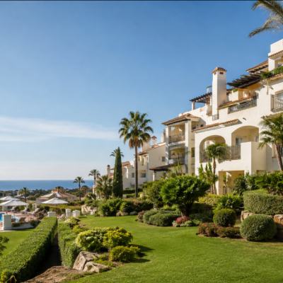 Sunlit hillside resort with white apartment buildings, landscaped gardens and a swimming pool overlooking the sea